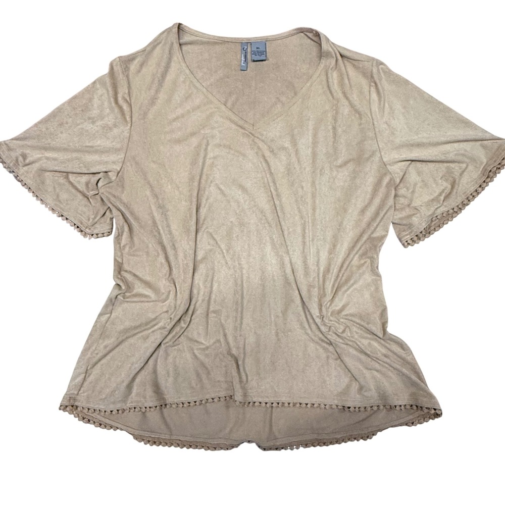New Directions Weekend Faux Suede V-Neck Pom Trim Top Blouse XL